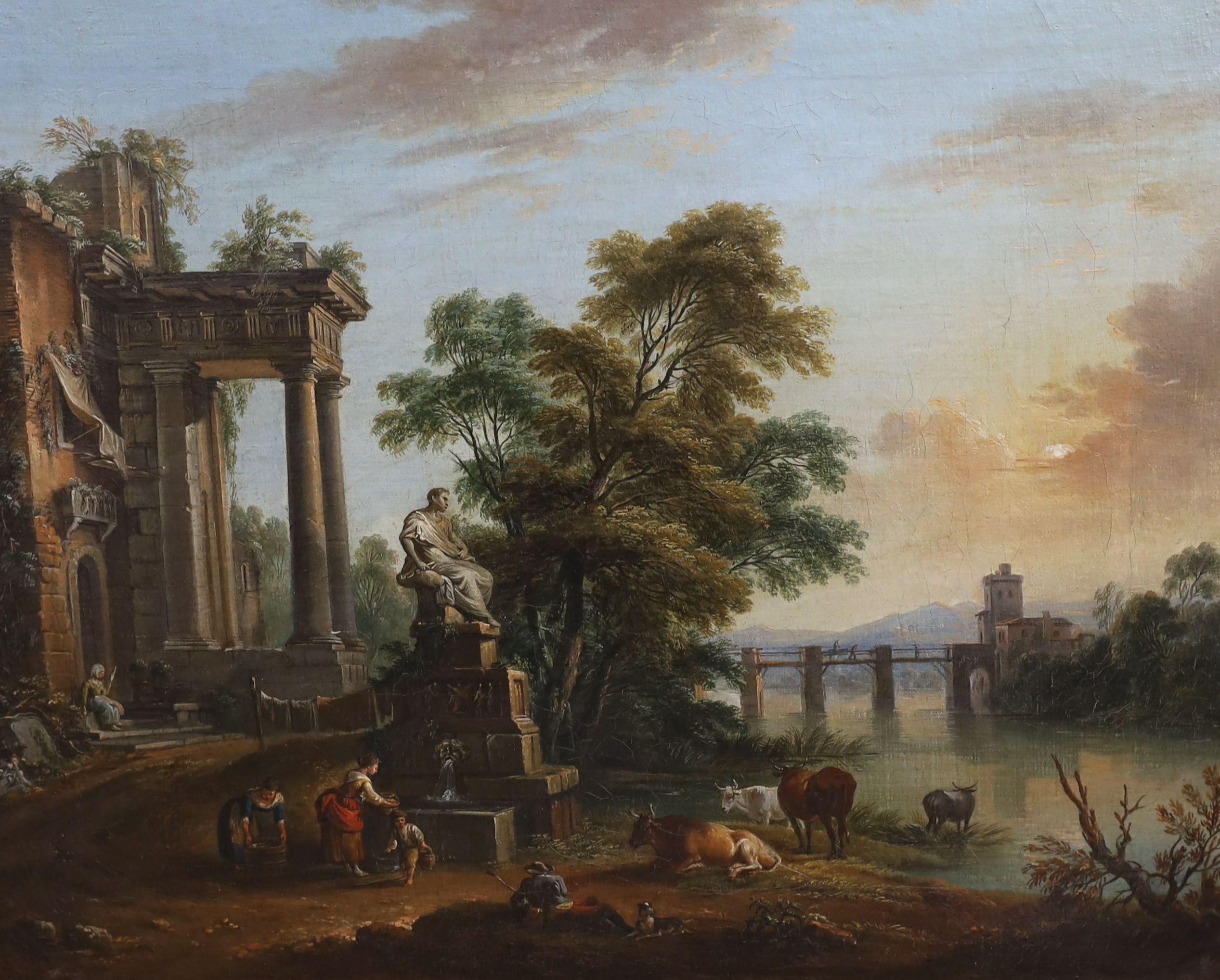 Jean Baptiste Lallemand (French, 1716-1808), Travellers in Italianate landscapes with classical ruins and a watermill, oil on canvas, a pair, 40 x 50cm